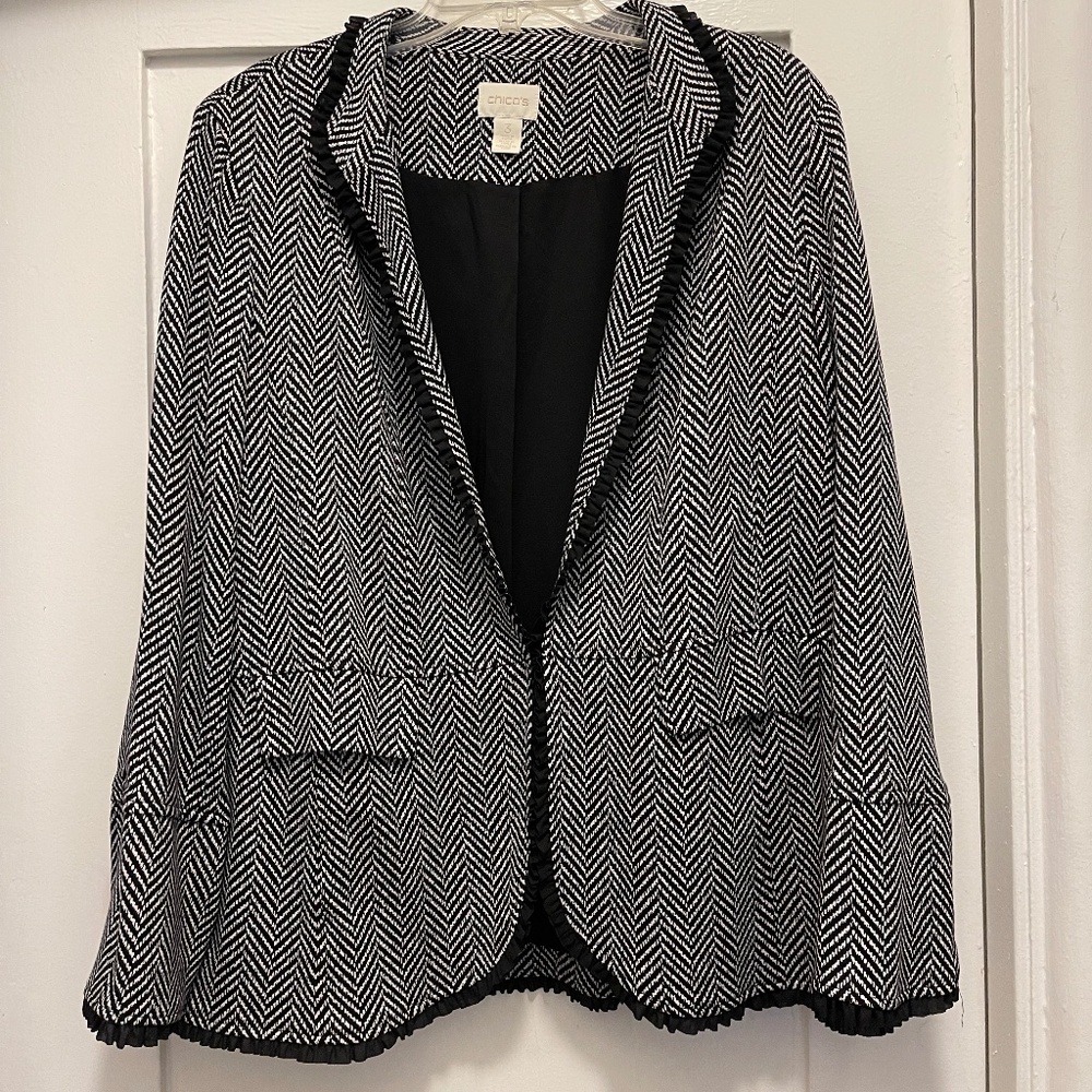 Chico's Black and White Herringbone Blazer with Ruffle Trim